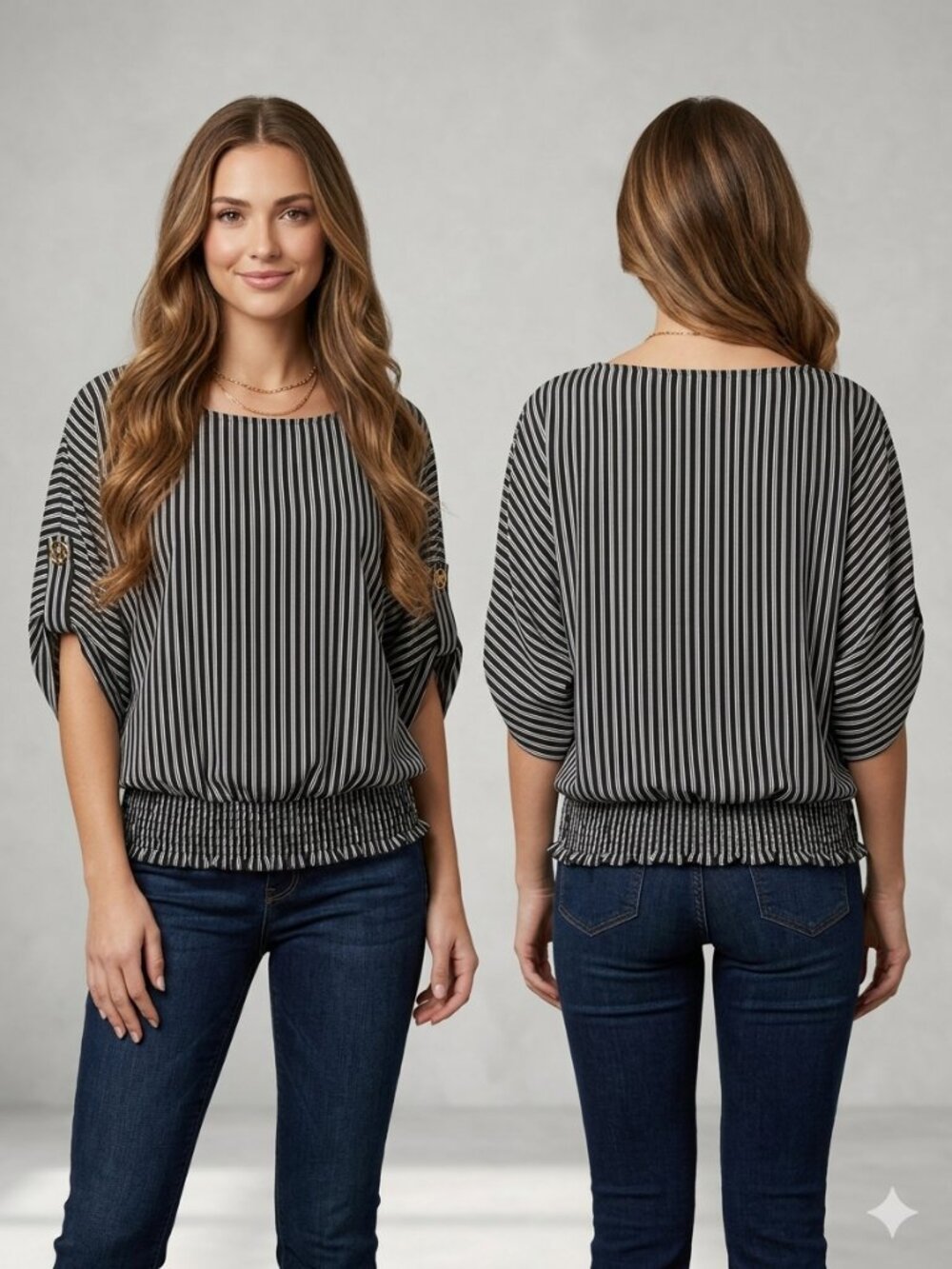 Michael Kors MK Logo Striped Batwing Blouse XL Olive Green White Smocked Waist